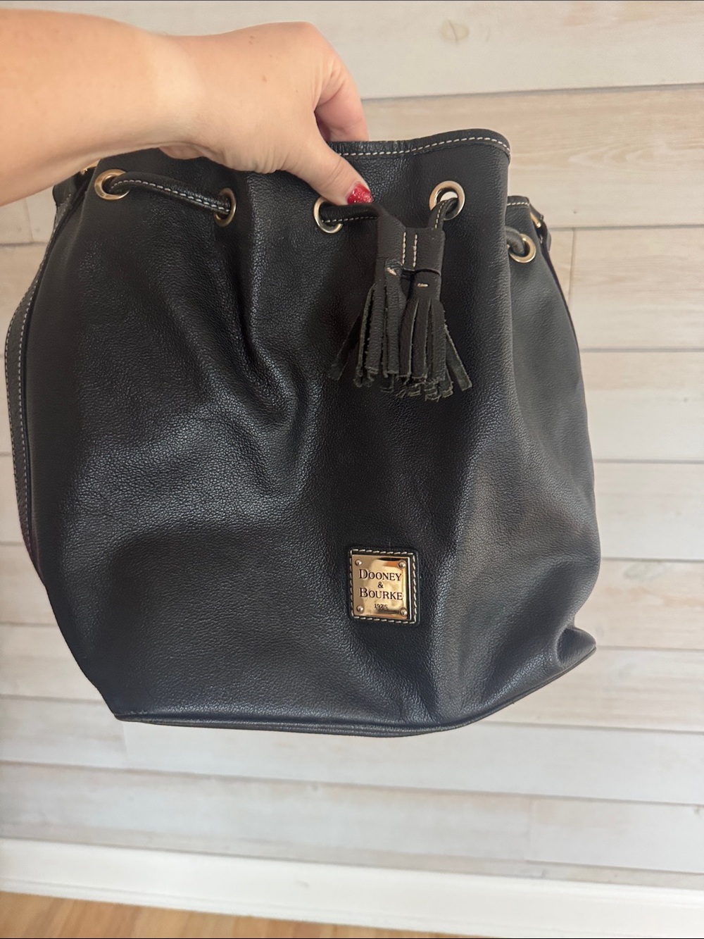 Dooney & Bourke Black Leather Tassel Drawstring Hobo